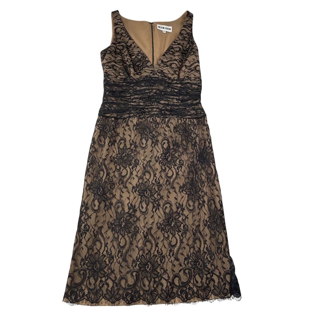 VICTOR COSTA Y2K Lace Cocktail Dress Black Nude Underlay Romantic VTG USA 12